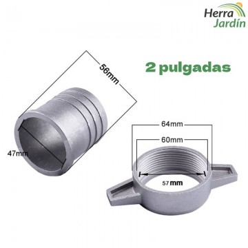 Racor de aluminio para motobomba de agua - vista medidas 2 pulgadas